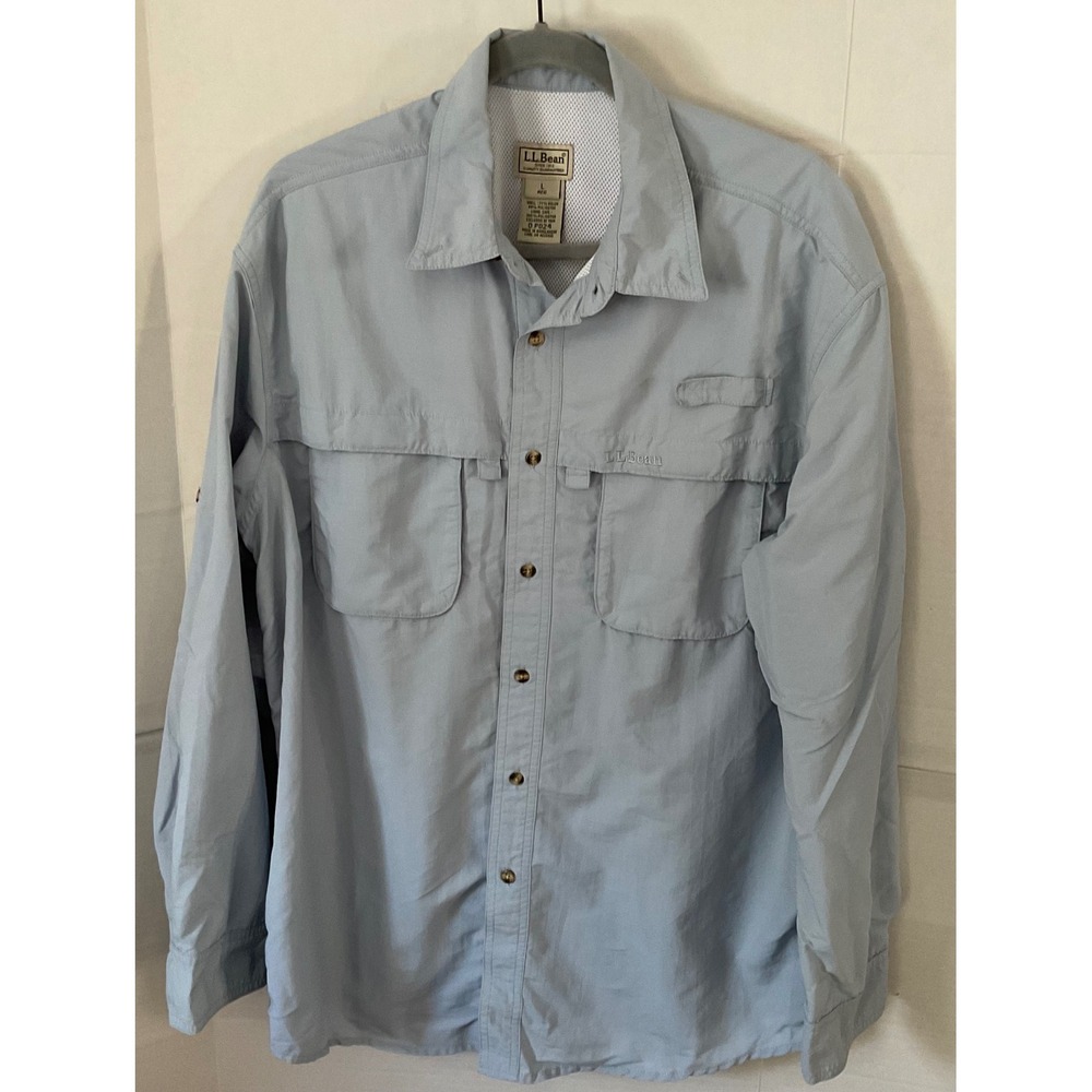 LLBean Mens Long Sleeve Button Up Shirt Light Blue Size Large Fishing Outdoor